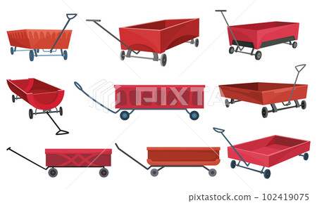 Garden cart cartoon or farm wheelbarrow icon set. Gardening, farming concept. Equipment of garden cart or garden wagon, vector illustration on white background 102419075