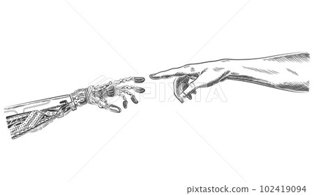 Hands robot and human touching with fingers. Virtual reality or artificial intelligence technology concept - hand draw sketch design illustration 102419094