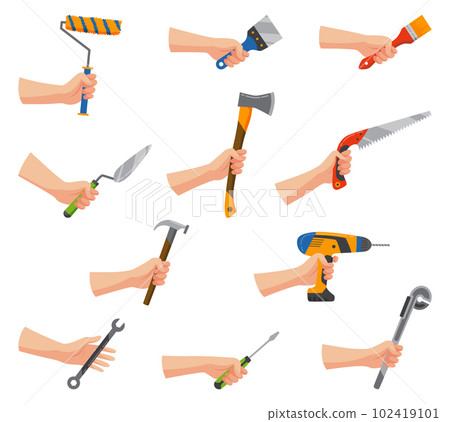 Construction tools in hand. Repair and housework equipment in flat design, vector illustration. Building renovation set of master tools Construction tools in hand. Repair and housework equipment in flat design, vector illustration. Building renovation set of master tools 102419101