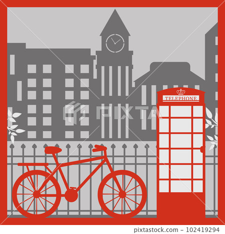 London's cityscape, a red telephone booth, a bicycle and ancient architecture. Vector illustration in the style of paper clippings 102419294