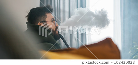 Banner bearded millennial or gen z man smoking hookah while relaxing on sofa at home copy space - chill time and resting concept 102420028