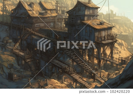 在煤礦中錯綜複雜地組裝的腳手架和木結構建築：AI 工作 102420220