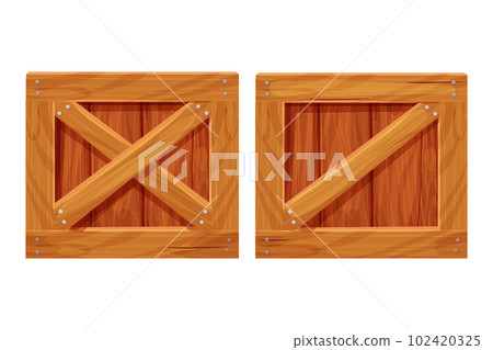 Set Wooden box, delivery container in cartoon style, game asset isolated on white background. Wood packing, open textured. Set Wooden box, delivery container in cartoon style, game asset isolated on white background. Wood packing, open textured. 102420325