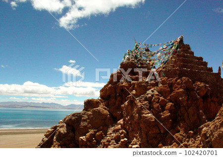 Western Tibet Lake Manasarovar and rocky mountains 102420701