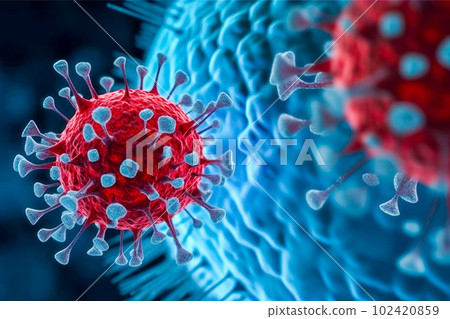 A high-resolution image of a virus particle, possibly coronavirus, with its distinct surface features and defined circular shape. Generative Ai 102420859