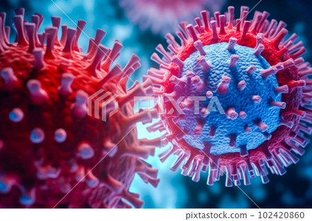 A magnified image of a virus particle, possibly coronavirus, with its spiky exterior and defined circular shape. Generative Ai 102420860