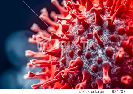 A high-resolution image of a virus particle, possibly coronavirus, with its spiky exterior and defined circular shape. Generative Ai A high-resolution image of a virus particle, possibly coronavirus, with its spiky exterior and defined circular shape. Generative Ai 102420861