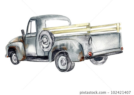 Vintage watercolor gray truck, hand drawn illustration of old retro car on a white background. Perfect for scrapbooking, kids design, wedding invitation, posters, greetings cards. 102421407