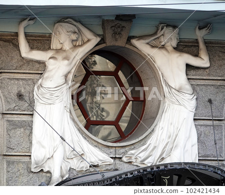 Kiev, Ukraine December 09, 2019: Architectural decorations of buildings in the city of Kiev Kiev, Ukraine December 09, 2019: Architectural decorations of buildings in the city of Kiev 102421434