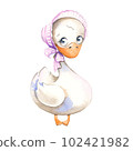 Watercolor cute goose in a pink hat on a white background. watercolor hand drawn illustration. 102421982