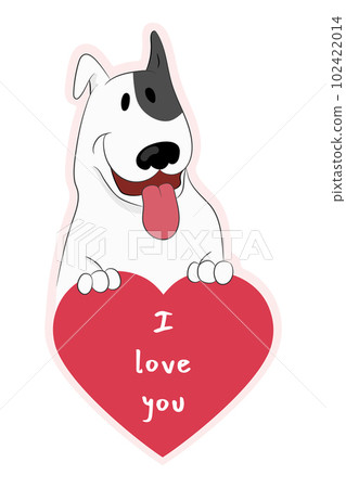 Happy cartoon bull terrier dog is holding a heart with text I love you. Cute dog in love sticker. Isolated on white. Hand drawn vector art Happy cartoon bull terrier dog is holding a heart with text I love you. Cute dog in love sticker. Isolated on white. Hand drawn vector art 102422014