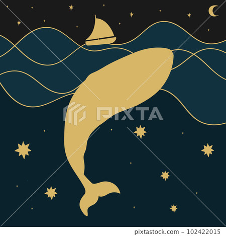 A whale and a boat in the night ocean. Minimalist background with midnight sky and ocean view and silhouettes of a ship and a whale. Vector art A whale and a boat in the night ocean. Minimalist background with midnight sky and ocean view and silhouettes of a ship and a whale. Vector art 102422015
