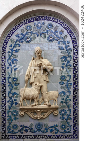 Kiev, Ukraine January 24, 2020: Architectural decorations of buildings in the complex of the exhibition of the achievement of the national economy in Kiev Kiev, Ukraine January 24, 2020: Architectural decorations of buildings in the complex of the exhibition of the achievement of the national economy in Kiev 102422436