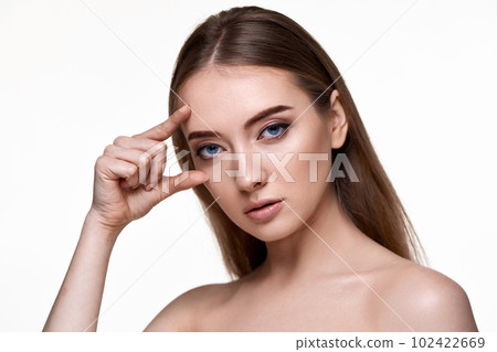 woman with perfect skin check the line of eyebrows and eyes without wrinkles 102422669