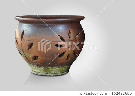 front view old brown and black clay pot on grey background, object, decor, modern, gift, ancient, vintage, copy space front view old brown and black clay pot on grey background, object, decor, modern, gift, ancient, vintage, copy space 102422690