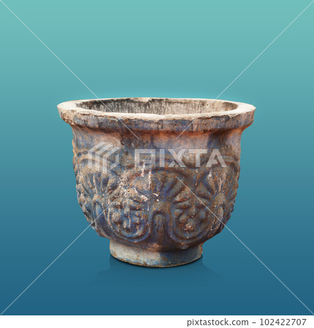old and dirty blue and brown cement pot on gradient blue and green background, object, decor, modern, gift, ancient, vintage, copy space old and dirty blue and brown cement pot on gradient blue and green background, object, decor, modern, gift, ancient, vintage, copy space 102422707