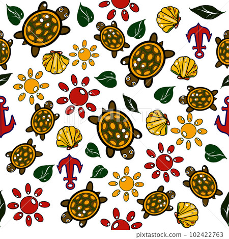 pattern sea set, shell, anchor, turtle, pearl on a white background 102422763