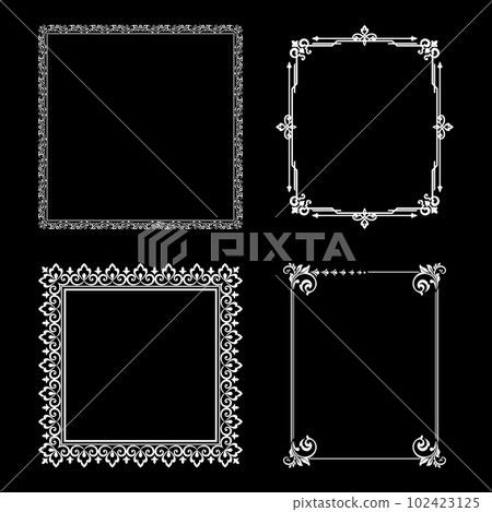 Set of decorative frames Elegant vector element for design in Eastern style, place for text. Floral black and white borders. Lace illustration for invitations and greeting cards. Set of decorative frames Elegant vector element for design in Eastern style, place for text. Floral black and white borders. Lace illustration for invitations and greeting cards. 102423125