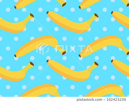 Seamless pattern with yellow bananas on a blue dotted background. Exotic ripe bananas. Design for posters, wrapping paper and wallpapers. Vector illustration 102423230
