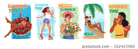 Bright Summer Time Posters Featuring Cheerful Women Characters Enjoying Summer Activities, Relax in Pool 102423560