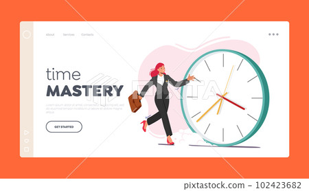 Time Mastery Landing Page Template. Businesswoman Sprints Past Huge Clock, Checking Time, Cartoon Vector Illustration 102423682