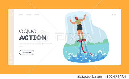 Aqua Action Landing Page Template. Man Character Soaring On Flyboard With Water Propulsion, Performing Aerial Tricks 102423684