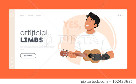 Artificial Limbs Landing Page Template. Man Strums Ukulele With A Prosthetic Arm, Demonstrating The Limitless 102423685