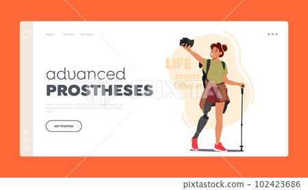 Advanced Prostheses Landing Page Template. Woman Hiker With Leg Prosthesis. Inspiring Character Defying Limitations 102423686