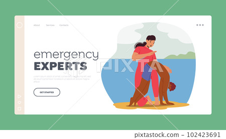 Emergency Experts Landing Page Template. Rescuer Female Character Provides Service For Drowning Man Emergency Experts Landing Page Template. Rescuer Female Character Provides Service For Drowning Man 102423691
