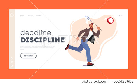 Deadline Discipline Landing Page Template. Man Rushes To Catch Alarm Clock With Butterfly Net Deadline Discipline Landing Page Template. Man Rushes To Catch Alarm Clock With Butterfly Net 102423692