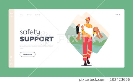 Safety Support Landing Page Template. Rescuer Male Character Heroically Carries Girl To Safety from Water 102423696