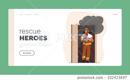 Rescue Heroes Landing Page Template. Rescuer Male Character Heroically Saves Kids From Burning Building Rescue Heroes Landing Page Template. Rescuer Male Character Heroically Saves Kids From Burning Building 102423697