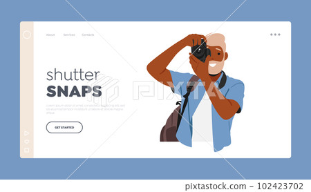 Shutter Snaps Landing Page Template. Mature Man Character Capturing Moments With Camera, Framing Shots With Precision 102423702