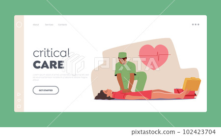 Critical Care Landing Page Template. Rescuer Character Doing Resuscitation, Chest Compressions Lifesaving Technique 102423704