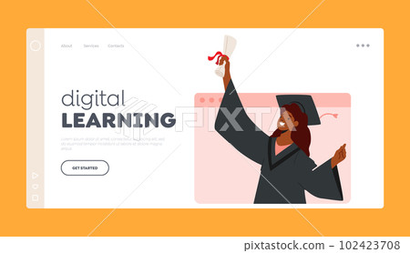 Digital Learning Landing Page Template. Online Graduation Ceremony With African American Girl Bachelor Character Digital Learning Landing Page Template. Online Graduation Ceremony With African American Girl Bachelor Character 102423708
