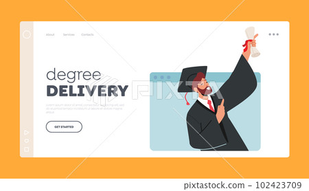 Degree Delivery Landing Page Template. Online Graduation Ceremony Concept, Bachelor Male Character Holding Diploma Degree Delivery Landing Page Template. Online Graduation Ceremony Concept, Bachelor Male Character Holding Diploma 102423709