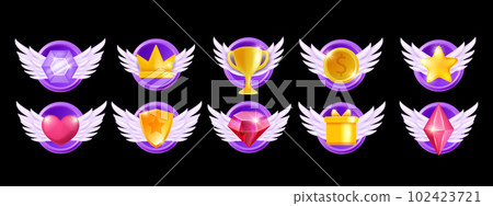3D game icon set, vector cartoon casino UI kit, golden coin winner trophy cup wing, achievement star 102423721