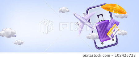 3D plane travel banner, passport, vector airplane ticket, vacation suitcase bag summer holiday 102423722