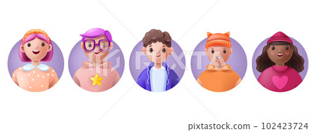 3D kid avatar set, child cute face smile icon, vector young school teen boy girl cartoon character 102423724