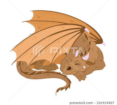 Cartoon sleeping dragon. Cute fantasy reptile, winged magic dragon. Resting fairy dragon flat vector illustration Cartoon sleeping dragon. Cute fantasy reptile, winged magic dragon. Resting fairy dragon flat vector illustration 102424887