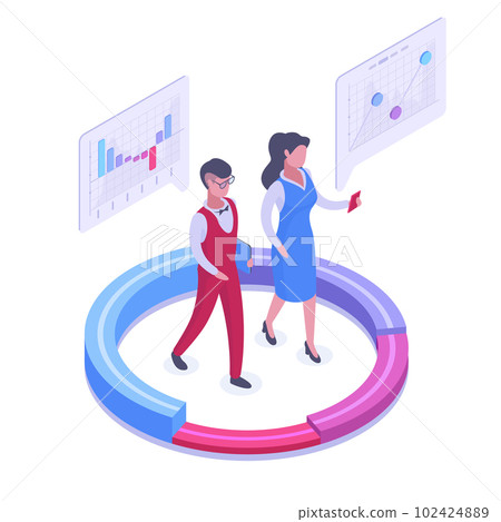 Isometric chart statistics analysis. Business people data analysing, office workers analysing data 3d vector illustration Isometric chart statistics analysis. Business people data analysing, office workers analysing data 3d vector illustration 102424889