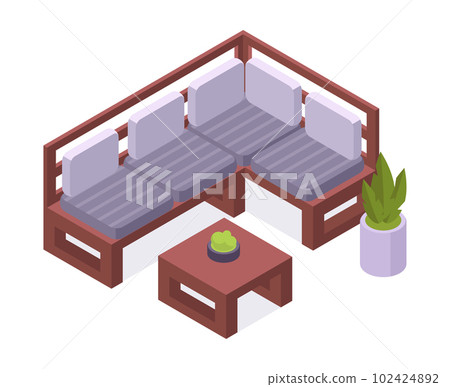 Isometric garden furniture set. Chairs and coffee table, comfortable backyard or terrace furniture 3d vector illustration 102424892