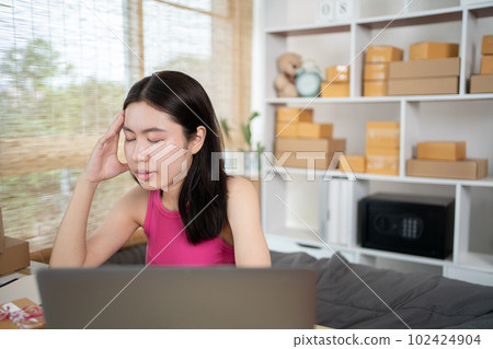 Small business owners are stressed and worried about canceled items and damaged in shipping, Business and financial losses, Disappointed, Fail, Discouraged, Fall stress, Fatigue, Sad. 102424904