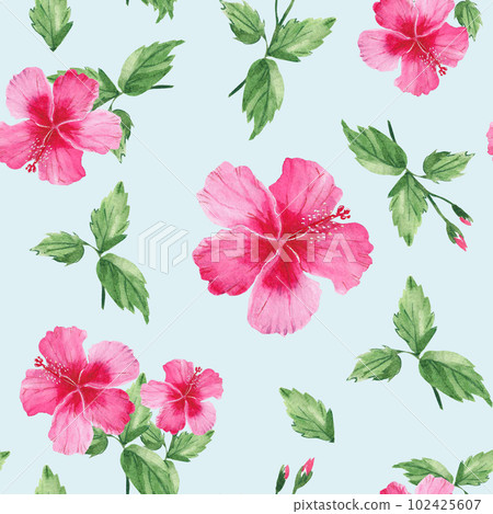 Seamless watercolor pattern with exotic tropical flowers, hibiscus. Botanical illustration isolated on blue background. Can be used for fabric prints, gift wrapping paper, kitchen textile. Seamless watercolor pattern with exotic tropical flowers, hibiscus. Botanical illustration isolated on blue background. Can be used for fabric prints, gift wrapping paper, kitchen textile. 102425607
