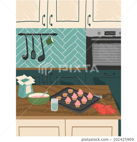 Home kitchen interior with cooked muffin on table Home kitchen interior with cooked muffin on table 102425909