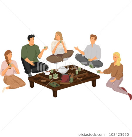 Friends drink tea chatting at table vector icon Friends drink tea chatting at table vector icon 102425930