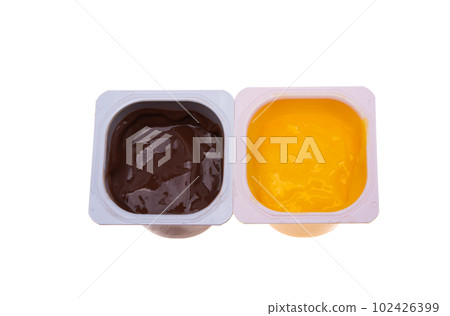 plastic glass of yogurt isolated 102426399