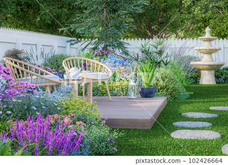 Wooden chairs on the plank terrace in the luxury colorful backyard garden 3d render 102426664
