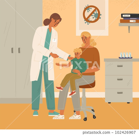 Family vaccination concept vector illustration. Pediatrician doctor giving injection of flu vaccine to a child in hospital Family vaccination concept vector illustration. Pediatrician doctor giving injection of flu vaccine to a child in hospital 102426907