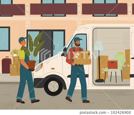 Two movers man holding and carrying cardboard box and loading truck. House move and relocation service concept vector illustration. Delivery van with home stuff and furniture 102426908